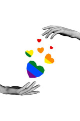 Sticker - Vertical collage picture black white filter colorful striped heart love like between two human hands friendly lgbtq community pride month