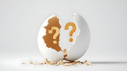 Cracked egg with question marks, symbolizing uncertainty and new beginnings.