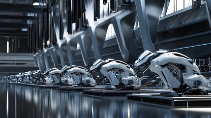 Wall Mural - Advanced robotic assembly line in a futuristic manufacturing facility showcasing automated technology at work in a sleek environment