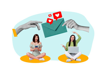 Poster - Artwork collage picture of two mini girls use smart phone netbook point fingers big arms hold letter envelope like notification