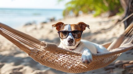 Cute dog in sunglasses lies relaxed in a hammock on the beach against the backdrop of the ocean sea on a sunny day, summer holiday concept, travel advertising
