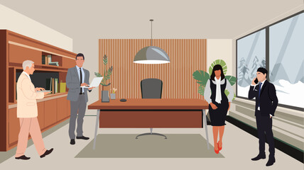 Diverse business team working in modern office with comfortable furniture, computer, house plant, panoramic window with winter view. Vector flat illustration.