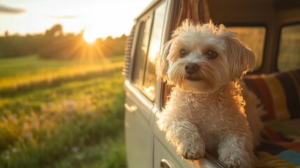 A fluffy white dog relaxes in a vintage van, basking in sunlight amidst green fields and wildflowers.