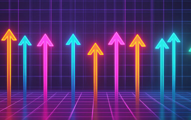 Wall Mural - Colorful neon arrows pointing upwards on a digital grid background, representing growth, progress, and modern advancement in technology.