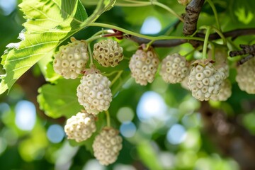 Wall Mural - White mulberry harvest on a branch in the garden, agribusiness business concept, organic healthy food and non-GMO fruits with copy space
