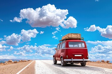 A vibrant red van travels down a scenic road under a bright blue sky adorned with fluffy clouds, perfect for adventure-themed visuals.