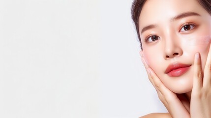 Detailed close-up of an Asian model's face with perfect skin and fresh complexion, on a white background for skincare promotions