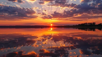 Wall Mural - reflections of a stunning sunset on a calm lake, creating a mirror-like effect that enhances the natural beauty