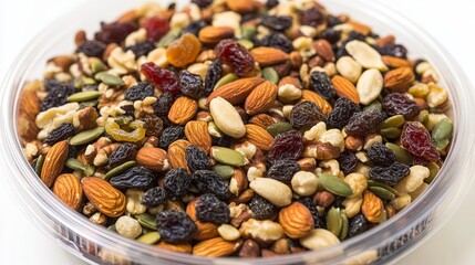 Wall Mural - An isolated image of a round plastic container filled with mixed organic nuts, dried fruits, and seeds, perfect for snacking, more clarity with clear light and sharp focus, high detailed