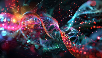 Abstract Bioinformatics Network Visualization with DNA Strands and Glowing Data Nodes