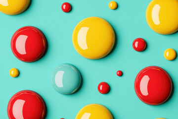 Wall Mural - Colorful glossy circles on a turquoise background, creating a playful and vibrant abstract pattern with red, yellow, and blue tones.