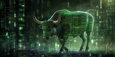 Poster - Green Bull with Financial Data Overlay