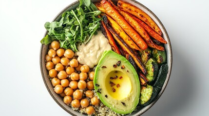 Canvas Print - A beautifully arranged vegan Buddha bowl with quinoa, avocado, chickpeas, and roasted vegetables in a circular container