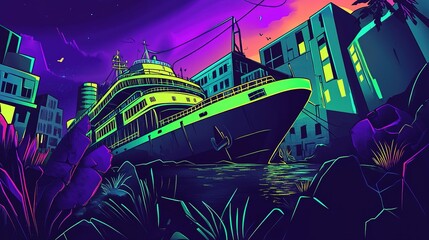 A vibrant cruise ship docked at twilight amidst a neon-lit urban landscape with lush vegetation framing the scene