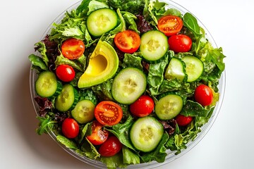 Wall Mural - A vibrant vegan salad with mixed greens, cherry tomatoes, cucumbers, and avocado, neatly packed in a circular plastic container, isolated on a white background, more clarity with clear light and