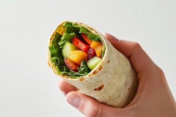 Canvas Print - A clean, simple image of a hand holding a vegan wrap filled with fresh vegetables, isolated on a white background, more clarity with clear light and sharp focus, high detailed