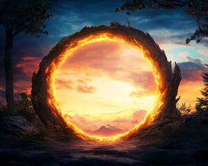 Wall Mural - A large, glowing circle in the middle of a forest. The circle is surrounded by trees and rocks, and the sky is filled with clouds. The scene has a mysterious and otherworldly feel to it