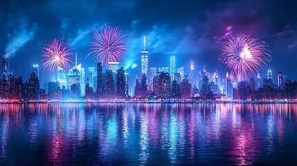 Fireworks burst over a city skyline at night, painting the sky with celebration and light.