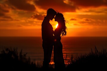 Wall Mural - Romantic Silhouette of a Couple Embracing at Sunset by the Ocean