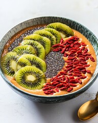 Wall Mural - A vibrant bowl of superfood smoothie topped with chia seeds, kiwi slices, and goji berries, with a spoon on the side, isolated on white, more clarity with clear light and sharp focus, high detailed