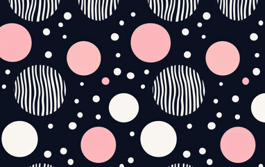 Wall Mural - Stylish seamless pattern with pink and white polka dots and stripes on a dark background. Modern geometrical abstract design ideal for textiles or wallpapers.