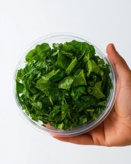 Wall Mural - A close-up of a hand holding a fresh green salad in a circular plastic container, isolated on a white background, more clarity with clear light and sharp focus, high detailed