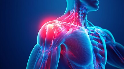 Painful Shoulder: Detailed 3D Rendering Illustration of Inflamed Muscles in Red on Blue Background for Medical Concepts