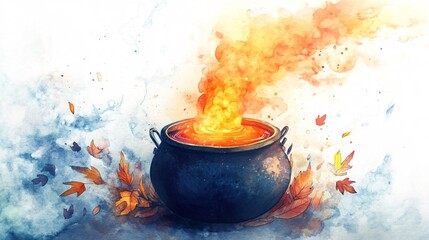 Watercolor Halloween artwork, a glowing cauldron with bubbling potion and subtle steam, surrounded by soft, swirling colors and faint autumn leaves, isolated on a white background,