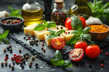 Wall Mural - Fresh Mediterranean Ingredients for Italian Cuisine - Tomatoes, Cheese, Olive Oil, and Herbs