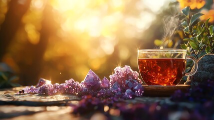 Holistic health, ritual involving crystals and herbal tea, 3D illustration