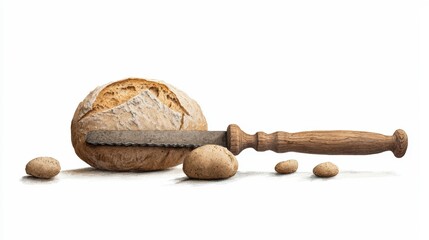 Freshly baked bread on a rustic wooden table with a serrated knife and small potatoes, perfect for culinary presentations.