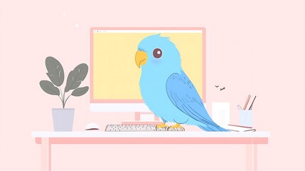 Wall Mural - Curious Blue Parrot in Minimalist Workspace Illustration with Keyboard and Notepad on Desk