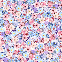 Wall Mural - floral pattern with small pink, blue, and purple flowers. seamless floral print. vector illustration