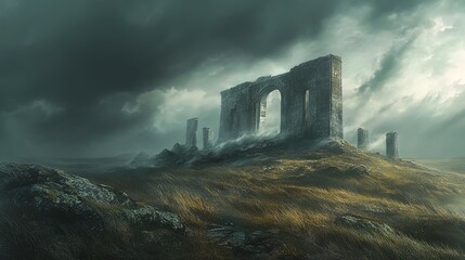 A hauntingly beautiful landscape features ancient ruins standing amidst a desolate, grassy plain. The sky above is dark and stormy, with thick, rolling clouds casting ominous shadows over the scene. T