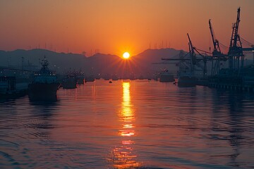 Wall Mural - Serene Sunset Over a Tranquil Harbor with Silhouetted Cranes