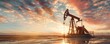 © Milan - Oil pumpjack working in an open field extracting crude oil under a dramatic sunset sky, highlighting the fossil fuel industry and energy production..