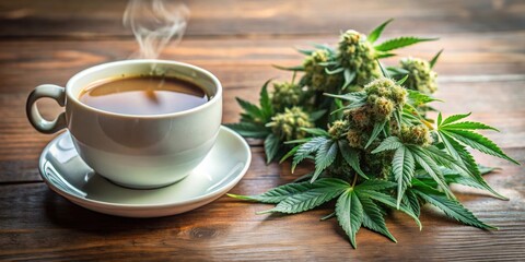 Cannabis plant buds and morning coffee , marijuana, cannabis, plant, green, buds, background, morning, coffee