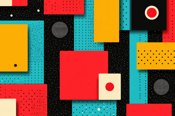 Wall Mural - abstract geometric background with colorful squares, rectangles, and circles in red, yellow, black, 