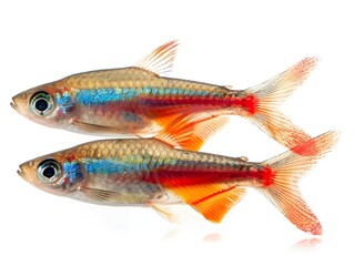 Wall Mural - A school of vibrant cardinal tetras swimming in unison against a pristine white background  showcasing their stunning colors and captivating movement