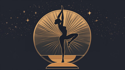 Gold art deco yoga zen centered calm pose design on dark background