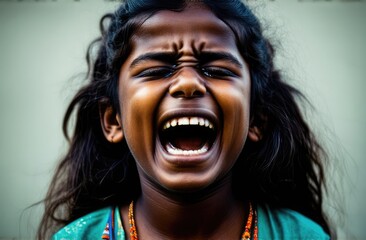 Wall Mural - upset indian girl screaming, crying on grey backdrop. shock, emotional breakdown and depression