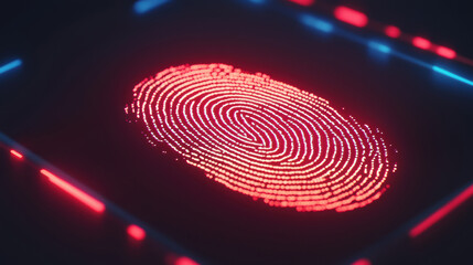 Poster - Futuristic glowing fingerprint scan in red neon light on digital surface, concept of biometric security and digital identification technology.