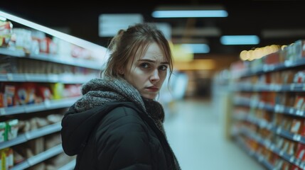 whole body image of a woman looking cold and shivering, standing in the middle of a supermarket 