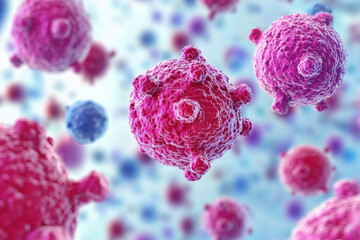 Wall Mural - Microscopic view of vibrant viruses in different shades of pink and blue, resembling a detailed depiction of medical cells in a laboratory environment.