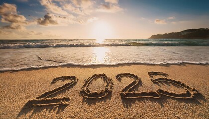 Wall Mural - 2025 year written on sandy beach sea at sunny day