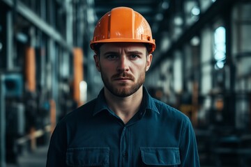 Industrial worker wearing an orange helmet, looking at the camera with a serious expression in a factory hall.