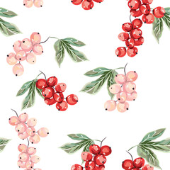 Wall Mural - Pink and red currant berries, green leaves, white background. Vector illustration. Seamless pattern. Summer design. Nature garden