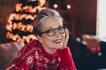 Wall Mural - Portrait of candid smiling happy grandmother with white short haircut touch cheek daydreaming meet xmas miracle santa claus at home