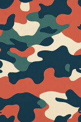 Camouflage pattern with green, beige, orange, and navy colors. Ideal for backgrounds, textiles, and fashion design.