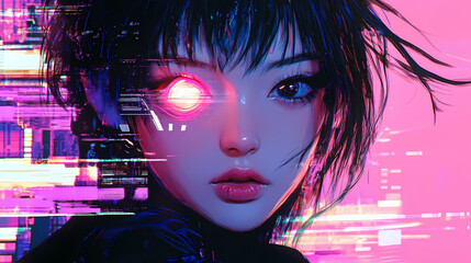 Wall Mural - Anime Manga Art Synthwave Girl with Cool Vibes Phone Wallpaper Background